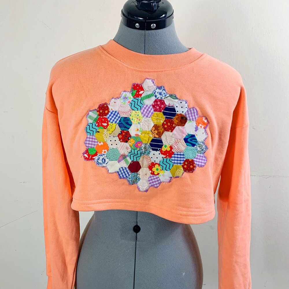 Ooak Upcycled Quilted Hexagon Patchwork Cropped S… - image 5